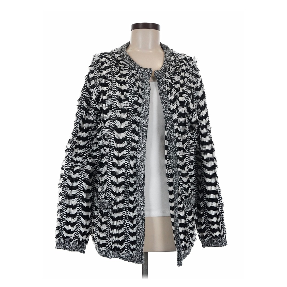 Endless Rose Cardigan New Women M/L Black White Fringed Knit Open Front NWT